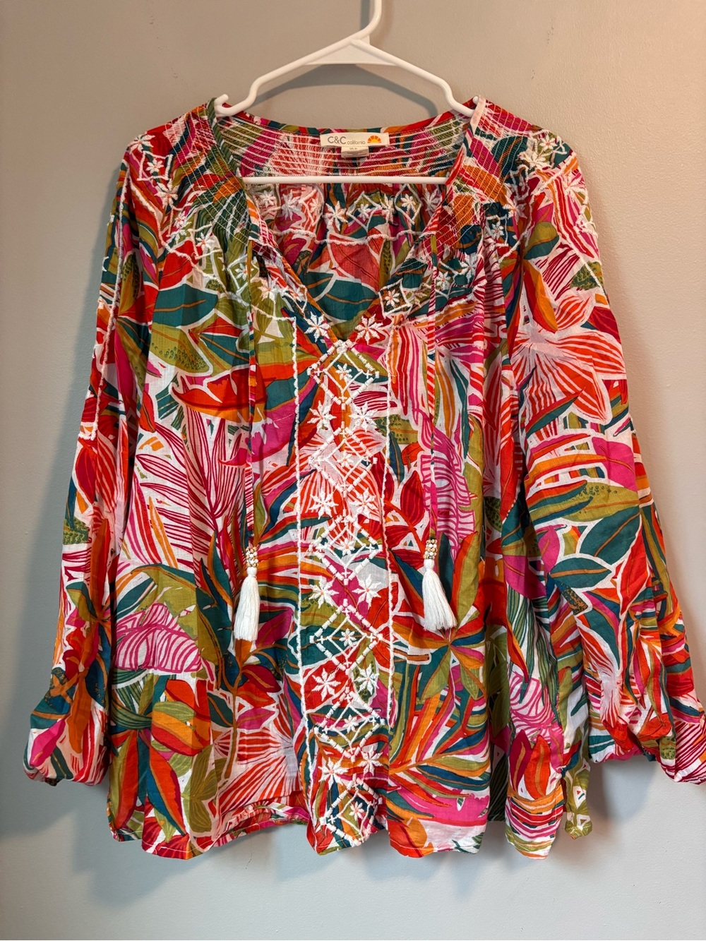 C&C California Pink, Orange & Green Tropical Embroidered Blouse